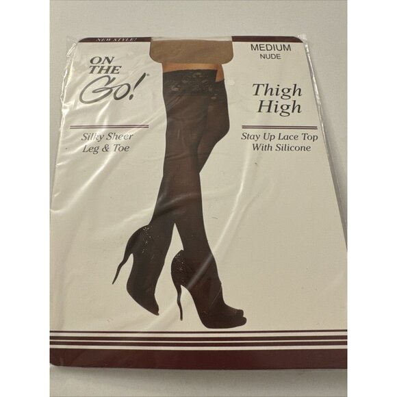On The Go Lace Top Thigh High Silky Sheer Leg Toe Medium Size Nude Stocking B24 - Picture 1 of 2